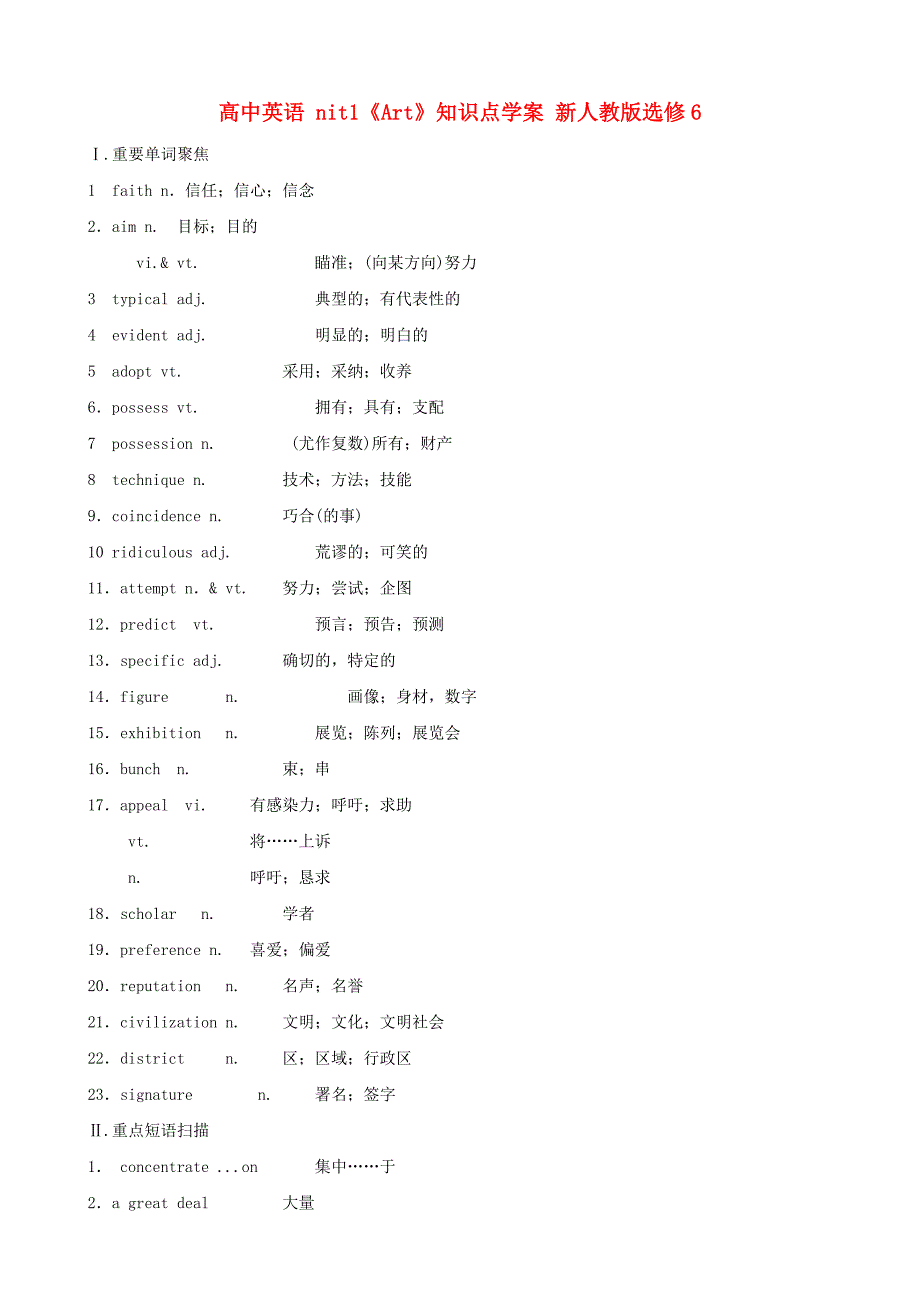 高中英语nit1《Art》知识点学案新人教版选修6.doc_第1页