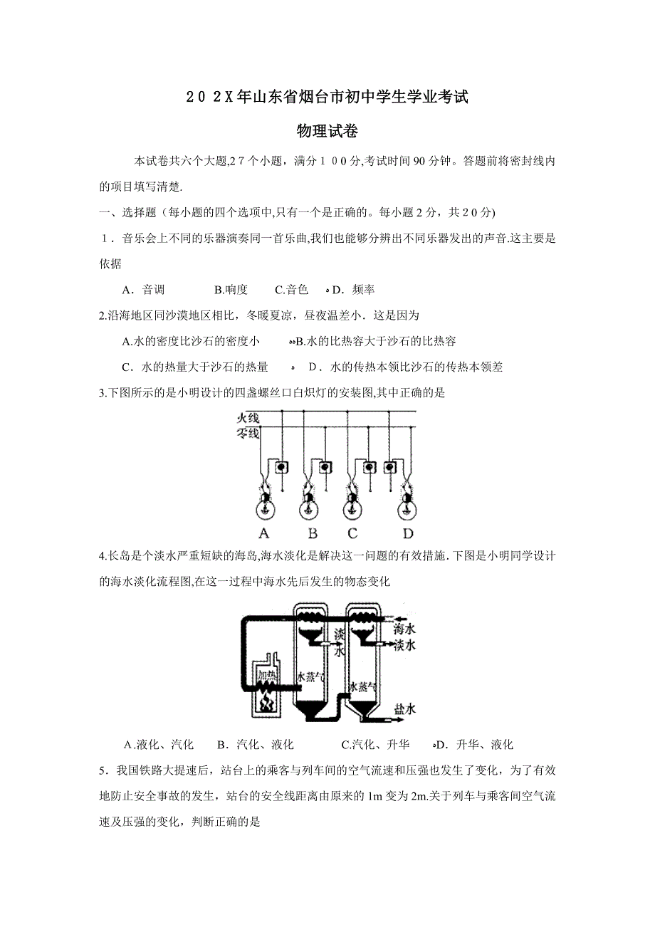 山东省烟台市初生学业考试初中物理_第1页