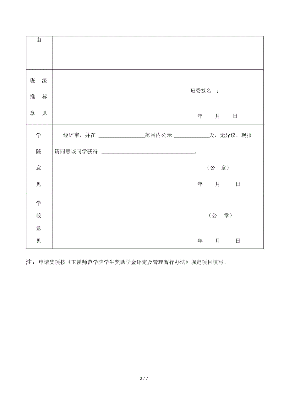 玉溪师范学院200至200学年学生奖助学金申请审批表_第2页