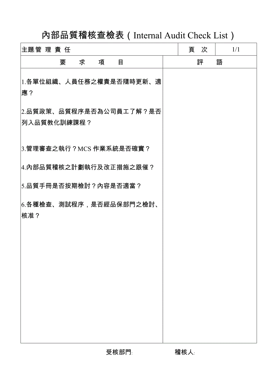 内部品质稽核查检表(Internal-Audit-Check-List)_第1页