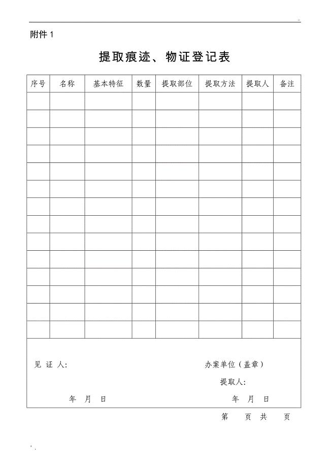 提取痕迹物证登记表(现场勘验笔录附件1)