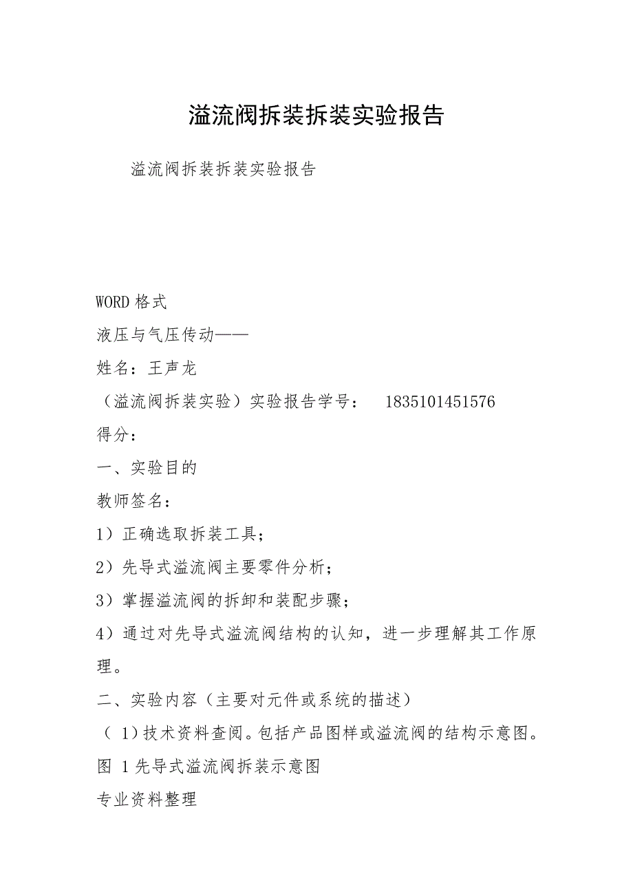 溢流阀拆装拆装实验报告_第1页