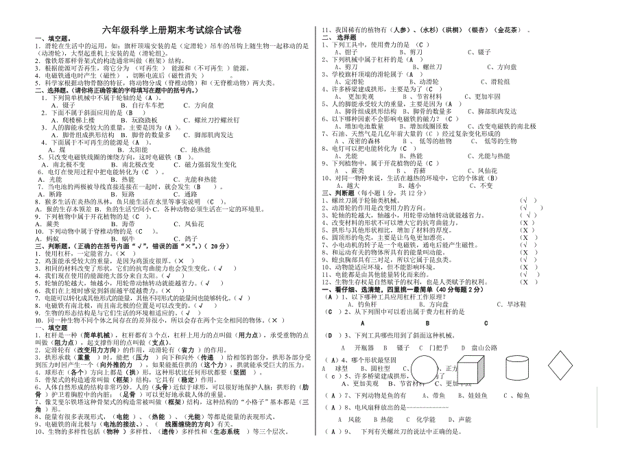 六年级上册科学试卷及答案(综合)_第1页