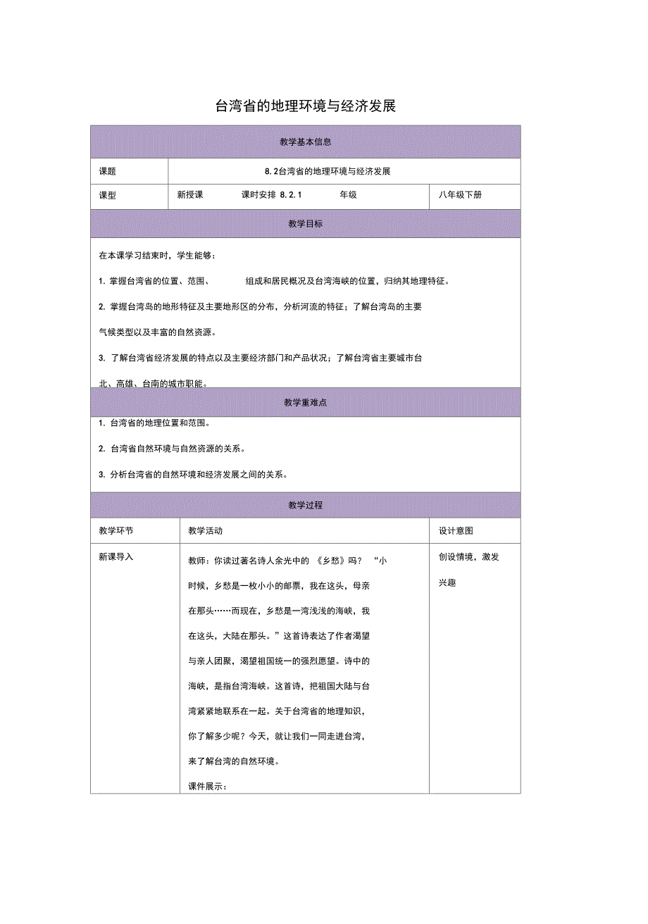 八年级地理下册8.2台湾省的地理环境与经济发展教案1新版湘教版_第1页