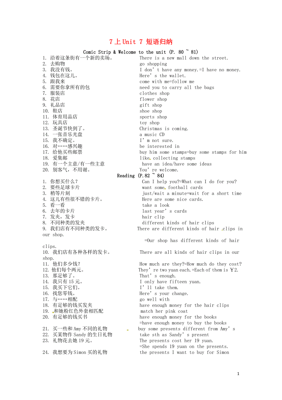 江苏省盐城市亭湖区七年级英语上册 Unit 7 Shopping短语归纳 （新版）牛津版_第1页