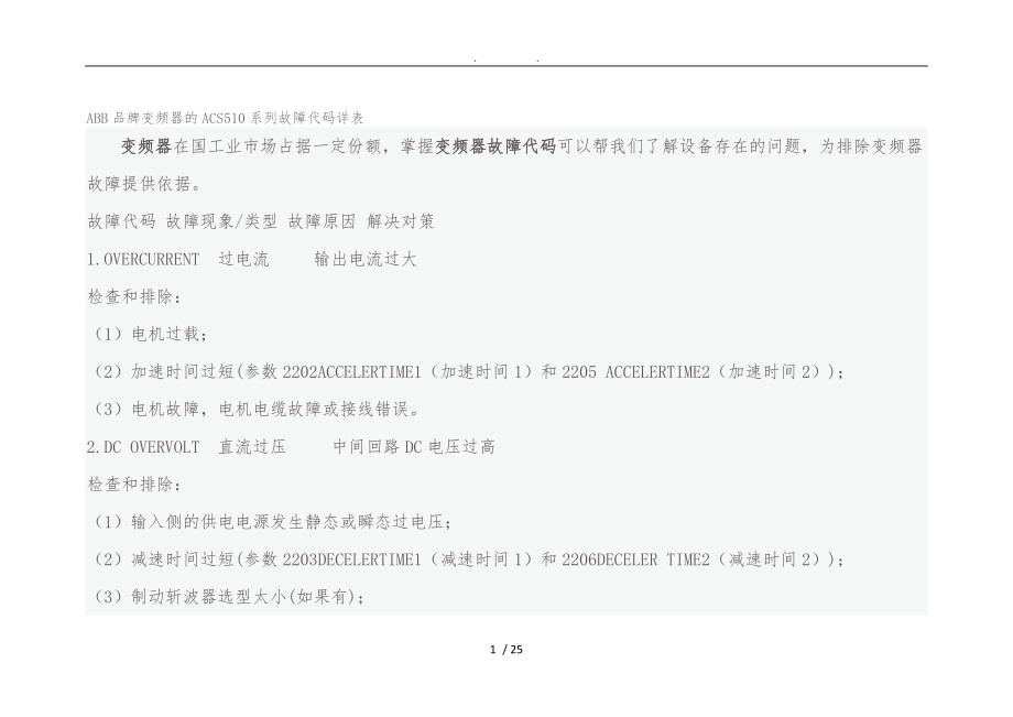 ABB品牌变频器的ACS510系列故障代码详表_第1页