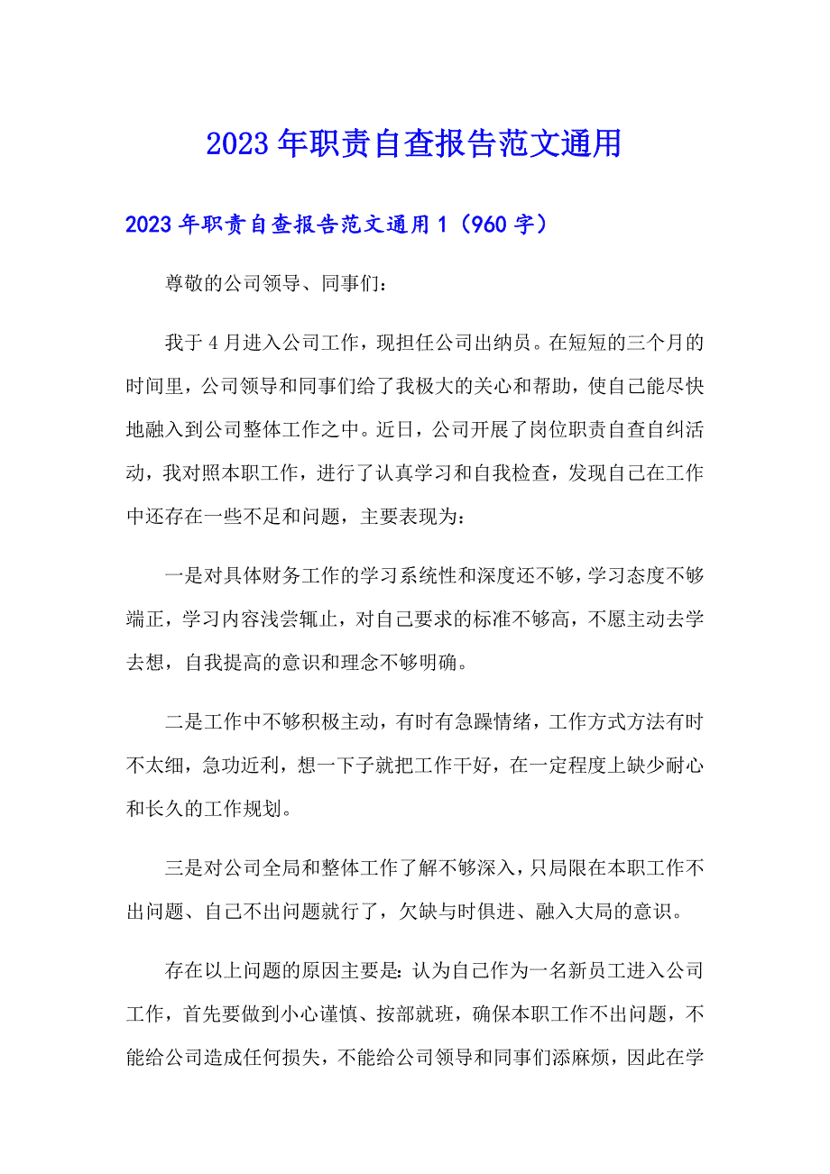 2023年职责自查报告范文通用_第1页