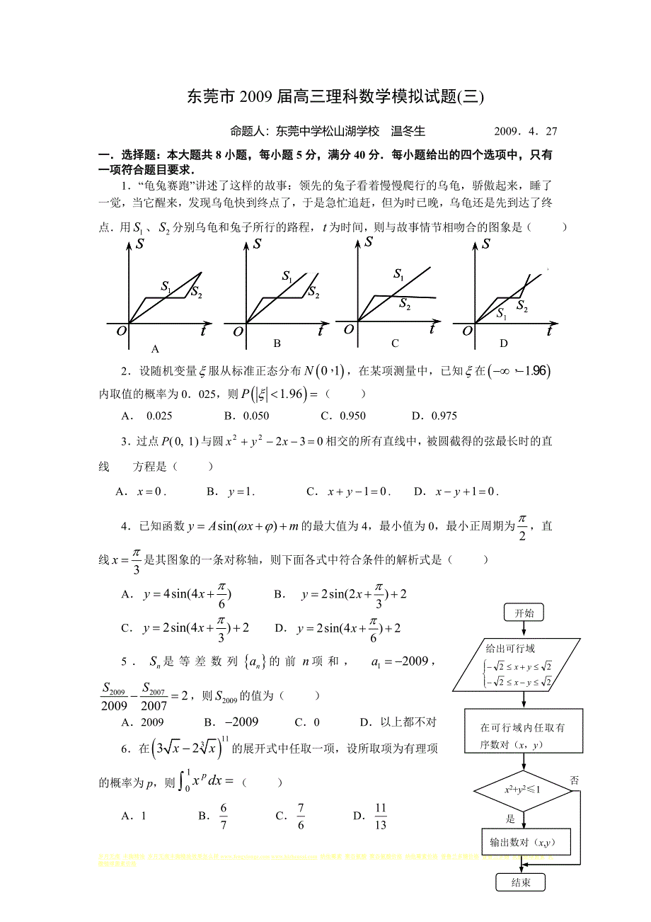 东莞市高三理科数学模拟试题三_第1页