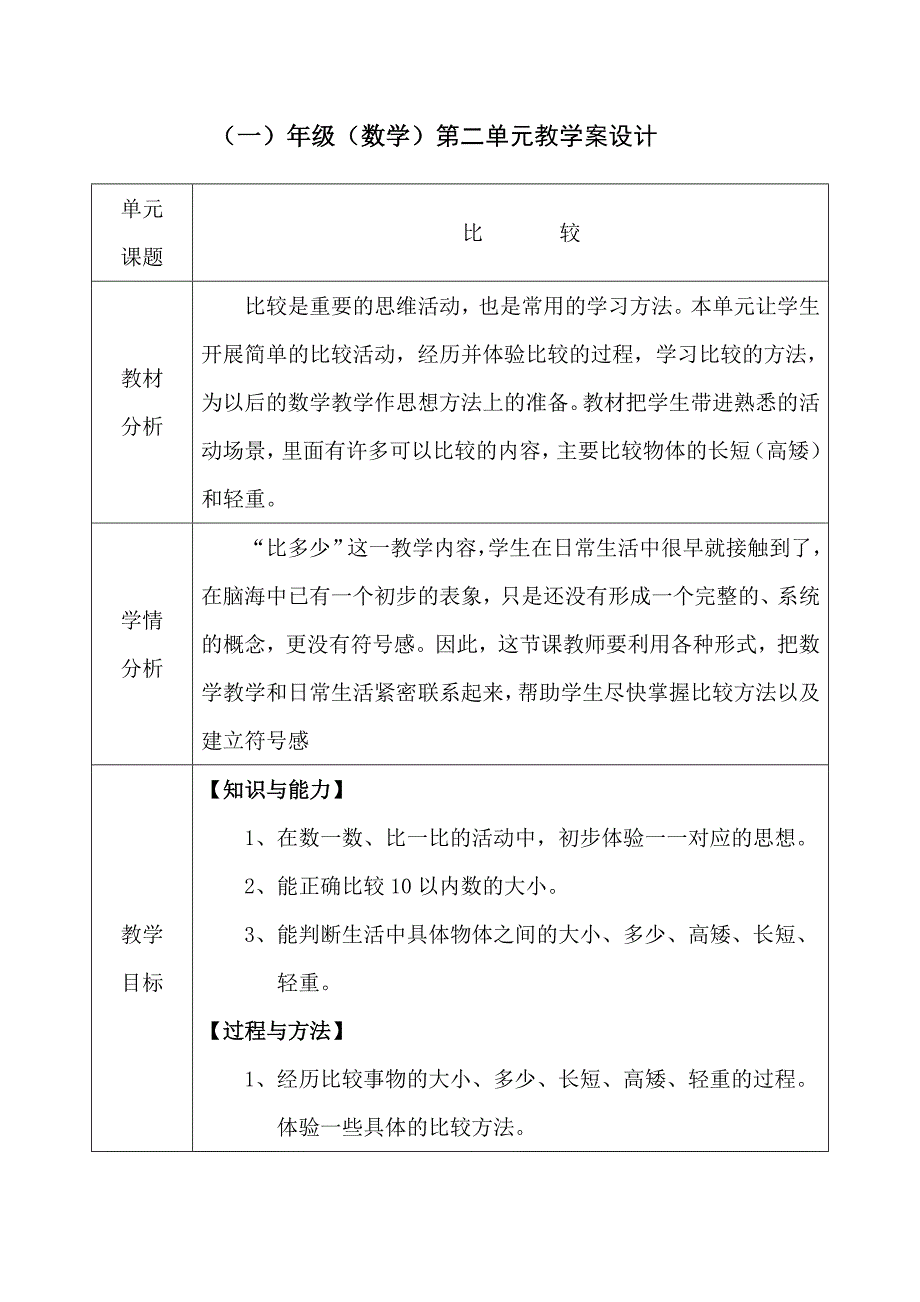 小学(一)年级（数学）第二单元教学案设计_第1页