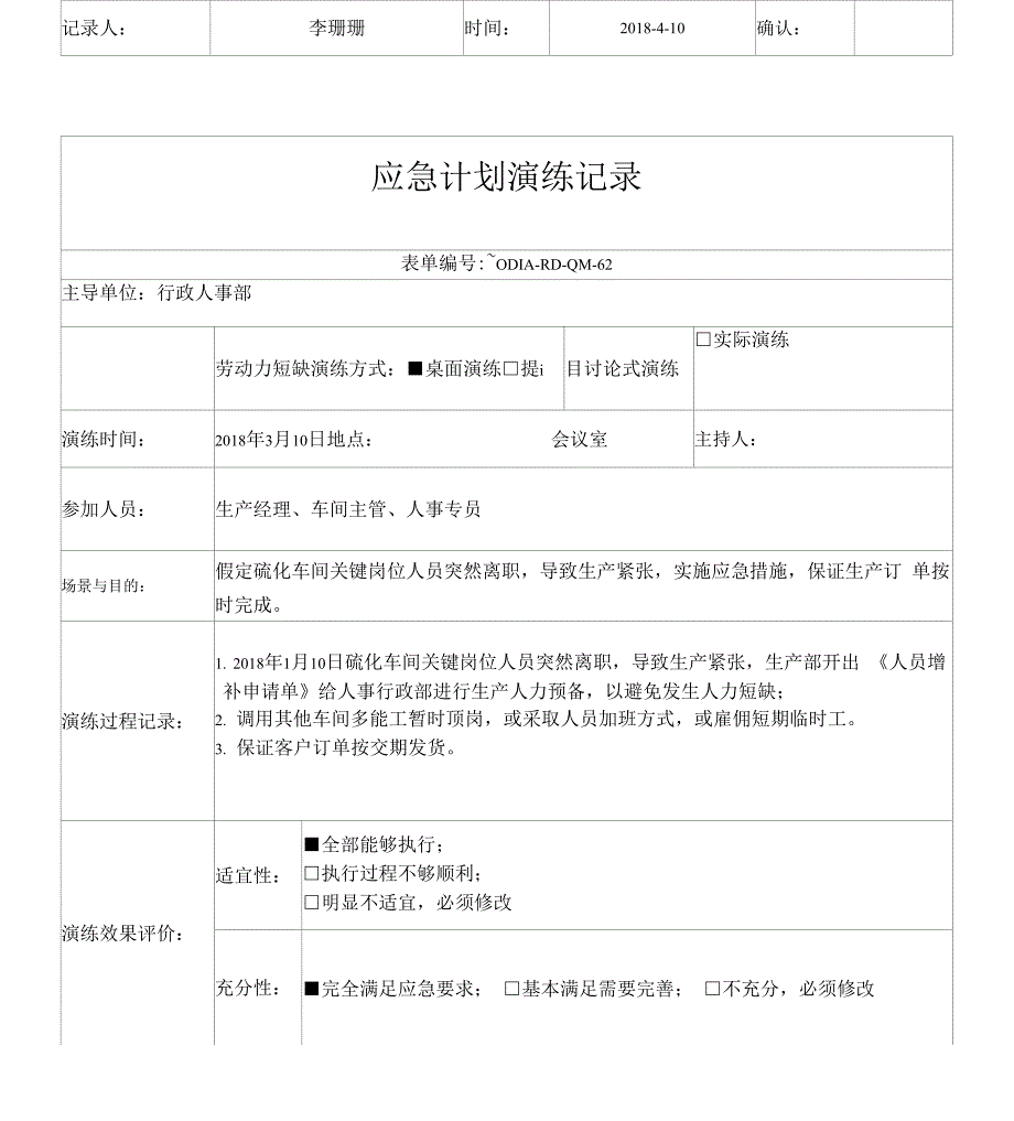 汽车行业16949质量管理体系应急计划演练记录汇总_第4页