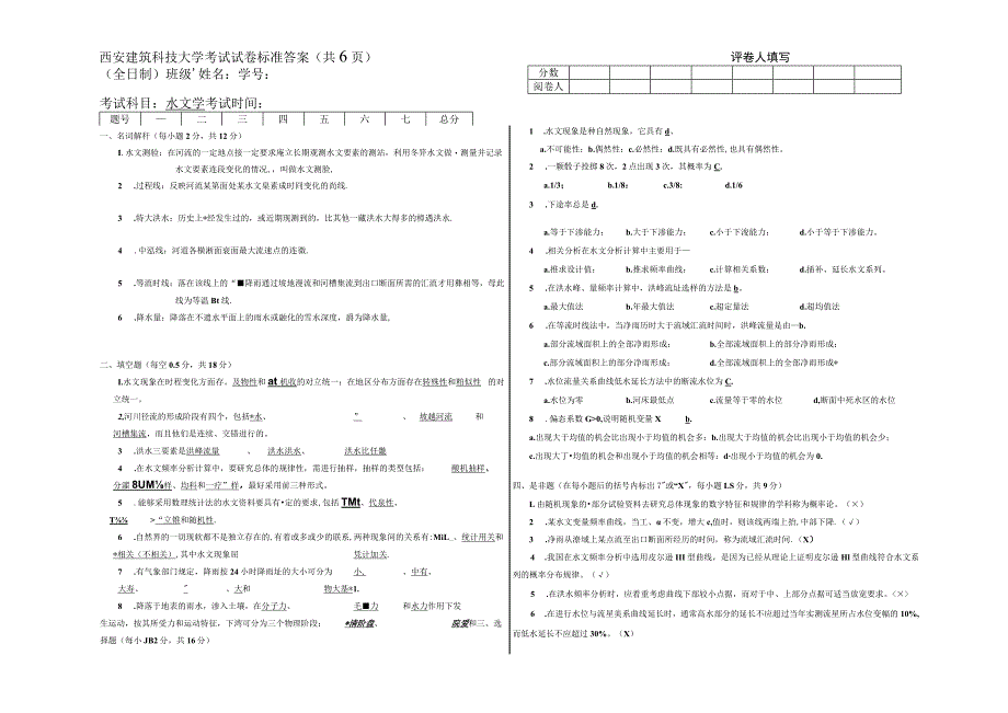 西安建筑科技大学考试 水文学 试卷标准答案_第1页