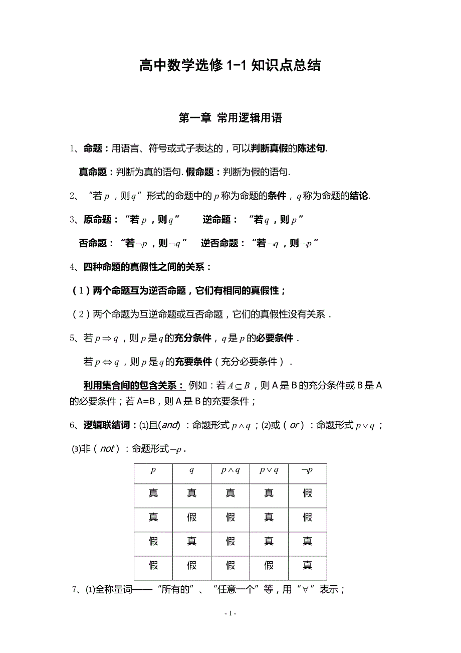 高中数学选修1-1知识点归纳_第1页