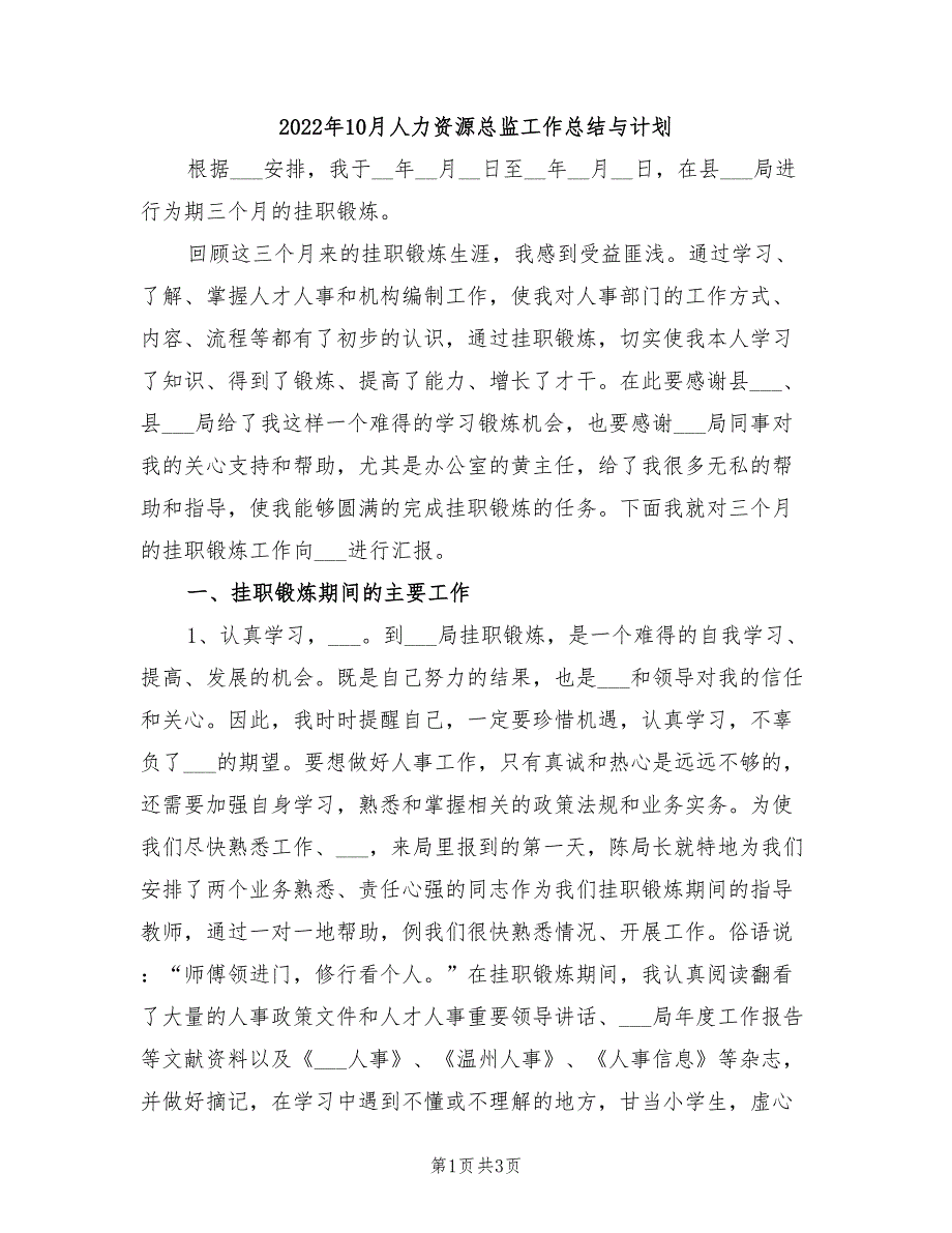 2022年10月人力资源总监工作总结与计划_第1页