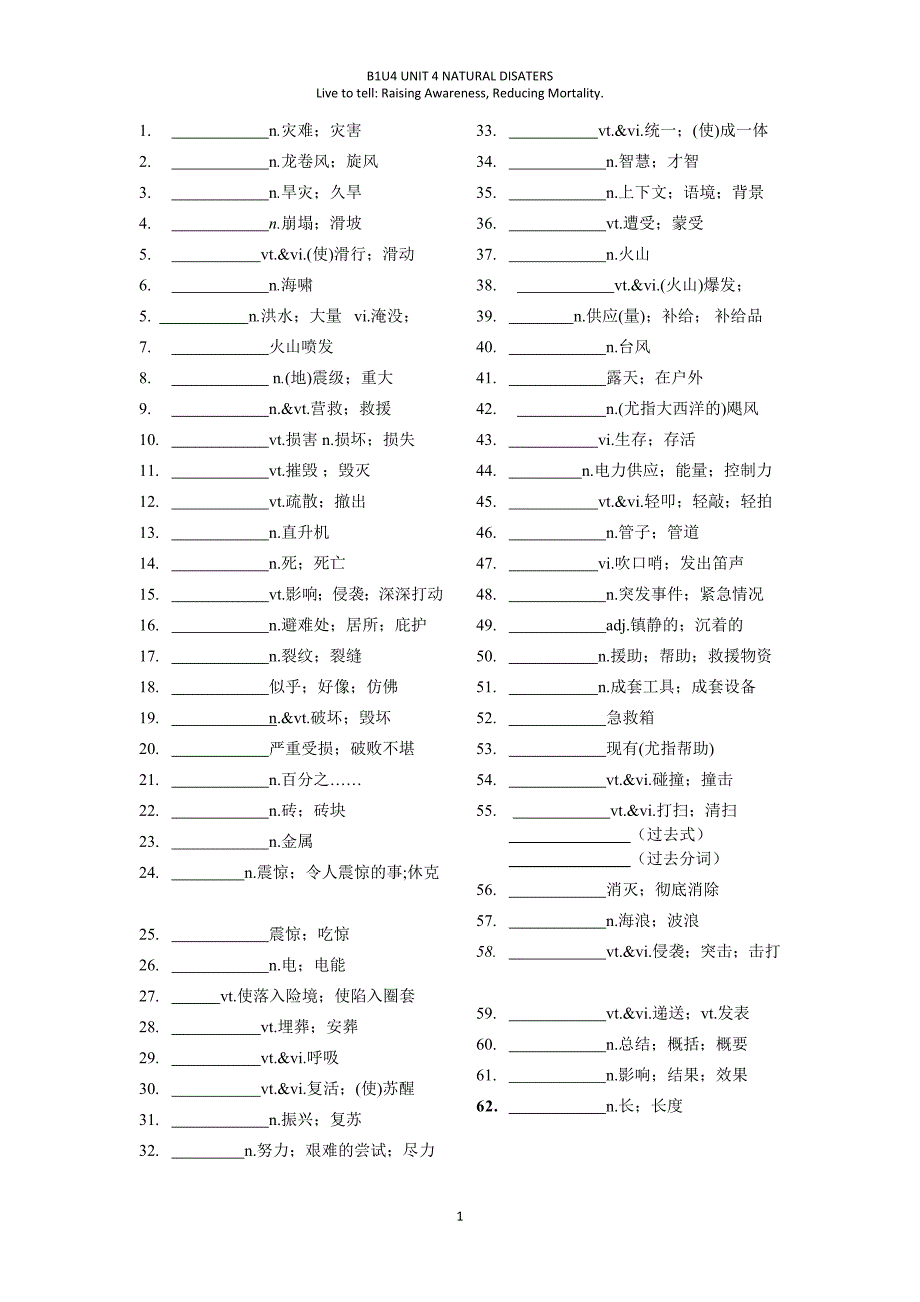 B1U4 NATURAL DISATERS单词短语知识点背默单 学生版.docx_第1页