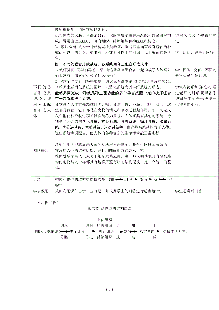 人教版生物七上第二单元第二章第二节 动物体的结构层次 教案_第3页