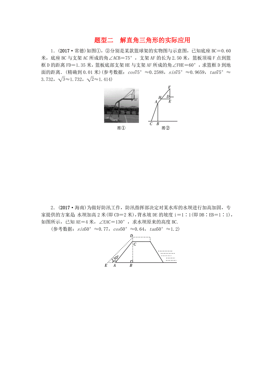 中考数学二轮复习专题二解答重难点题型突破题型二解直角三角形的实际应用试题.docx_第1页