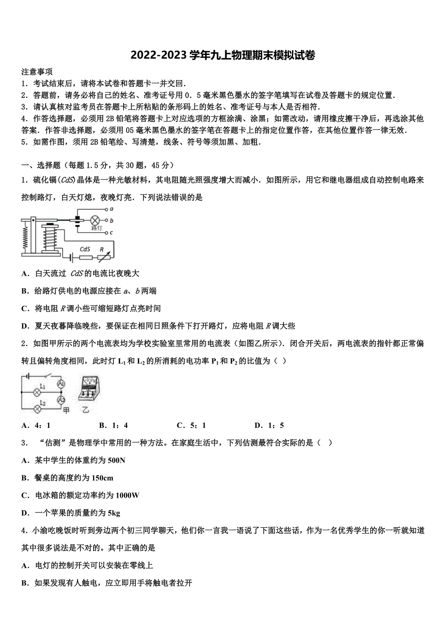 吉林省农安县华家中学2022年物理九上期末学业水平测试试题含解析.doc_第1页