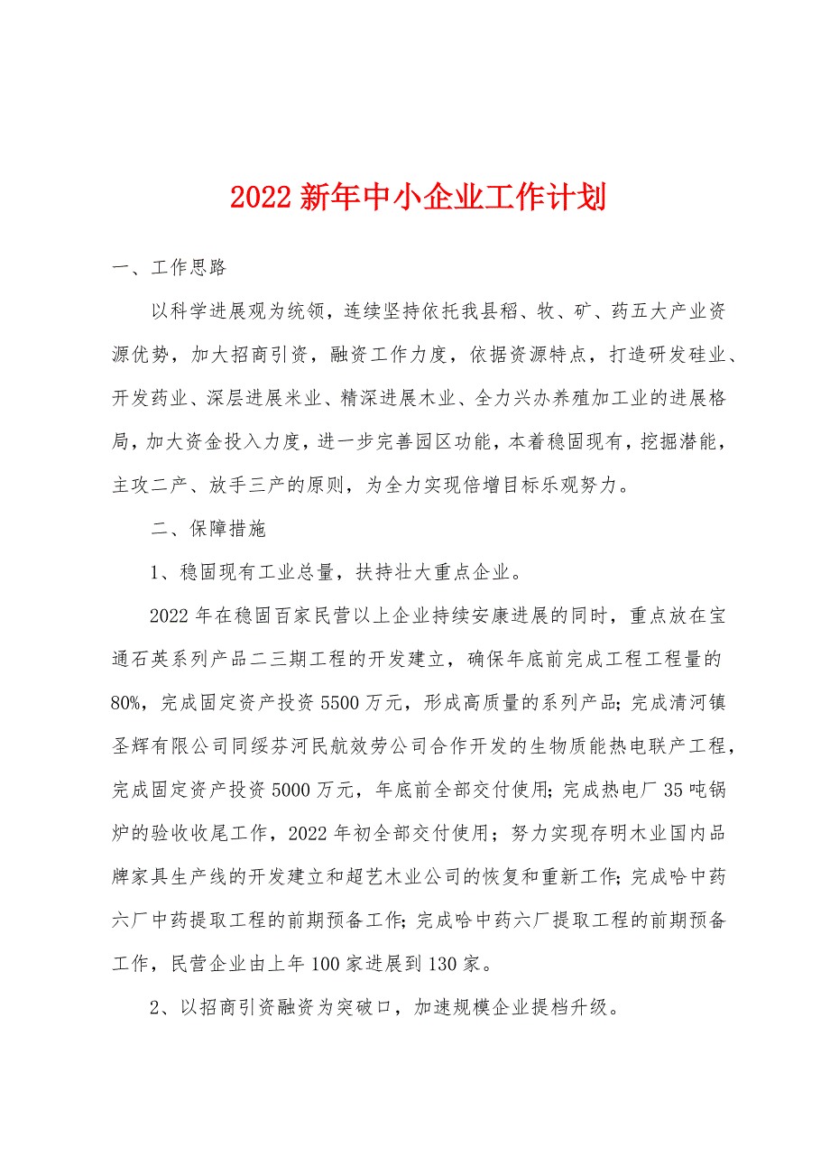 2022年新年中小企业工作计划.docx_第1页