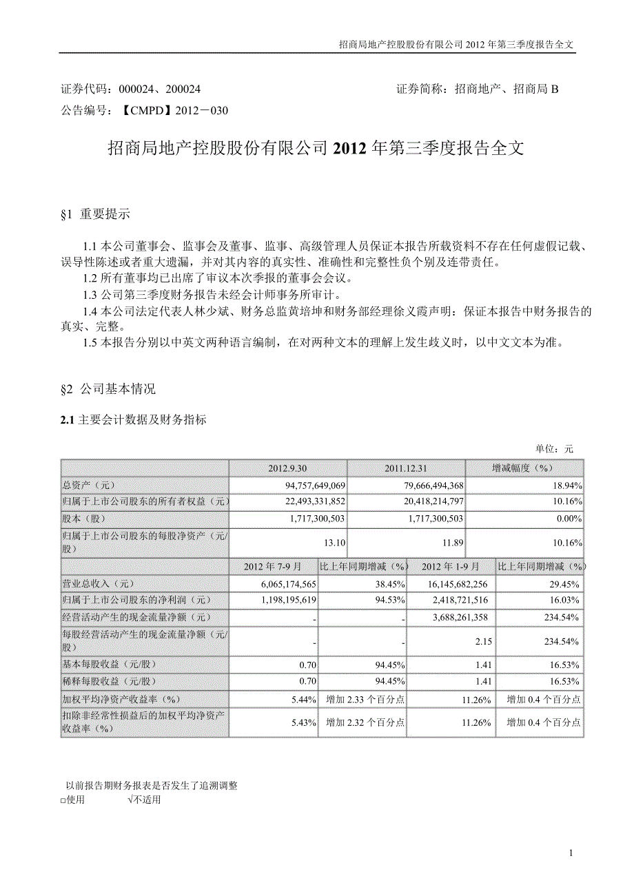 招商地产：第三季度报告全文_第1页