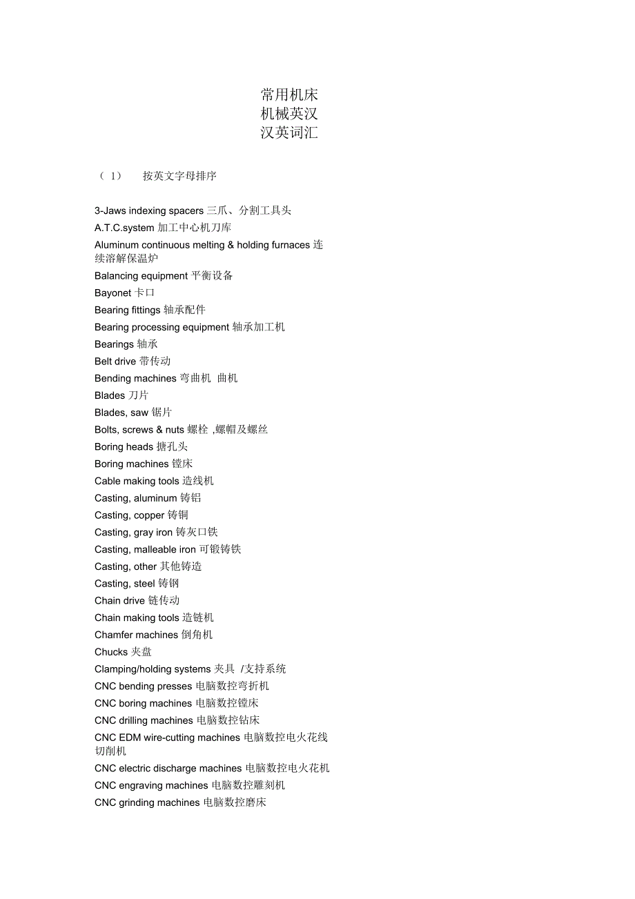 常用机床机械英汉汉英词汇_第1页