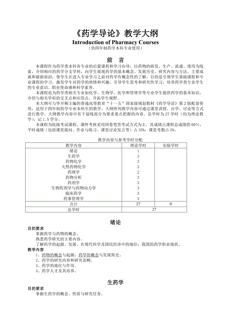 《药学导论》教学大纲（药学专业）_第1页
