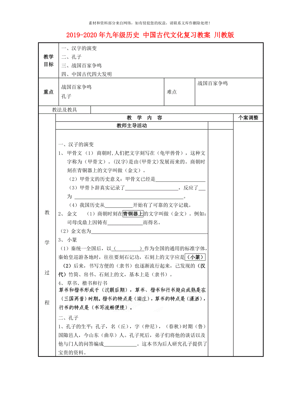 2020年九年级历史中国古代文化复习教案川教版_第1页