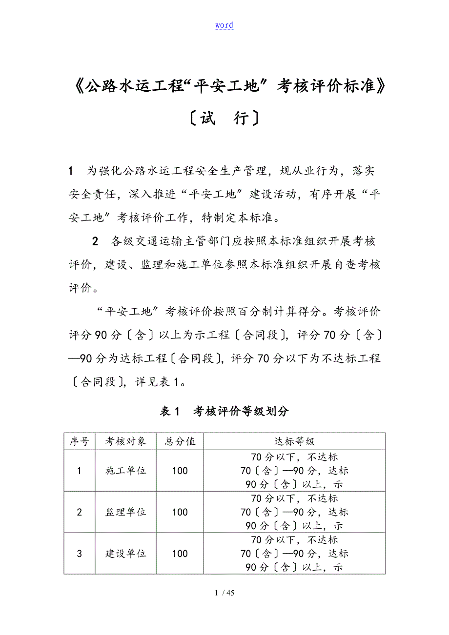 公路水运工程“平安工地”考核评价与衡量实用标准化(试行)_第1页