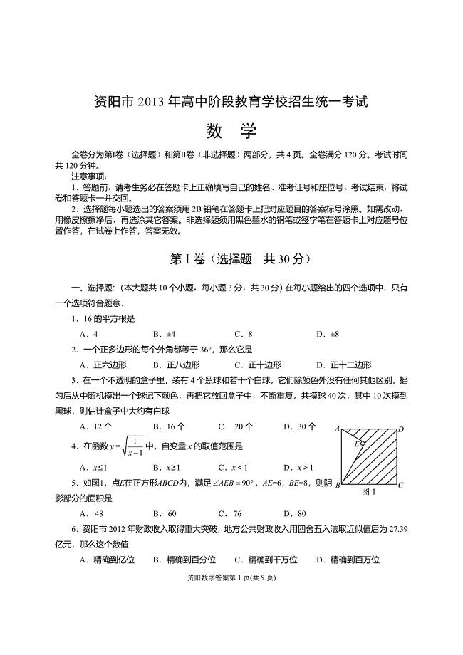 2013年四川省资阳市中考数学答案（正）