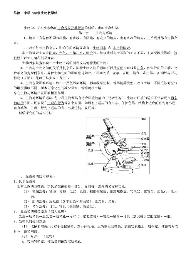 苏科版七年级上册生物复习提纲.doc