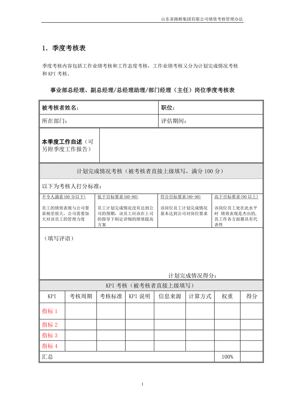 山东路桥事业部总经理及以下岗位绩效考核表_第2页