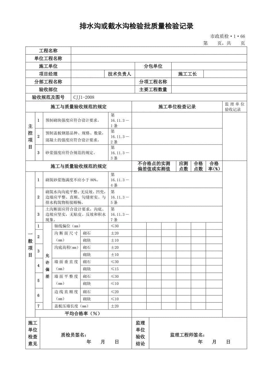 城镇道路工程检验批质量检验记录表格排水及浆砌边沟_第5页