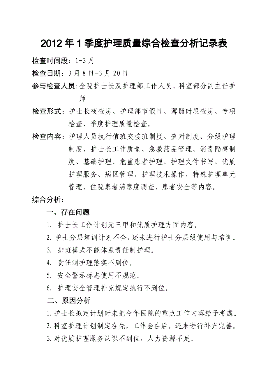 1季度护理质量综合检查分析记录表_第1页