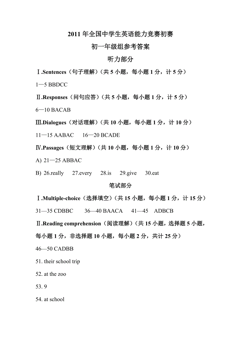 2011全国中学生英语能力竞赛初中各年级答案_第1页