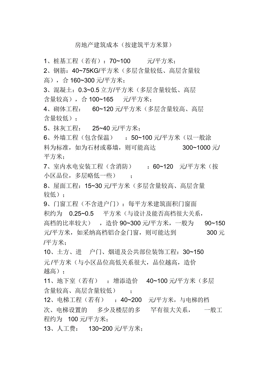 每平米房地产建筑成本及建筑常用数据.doc_第1页
