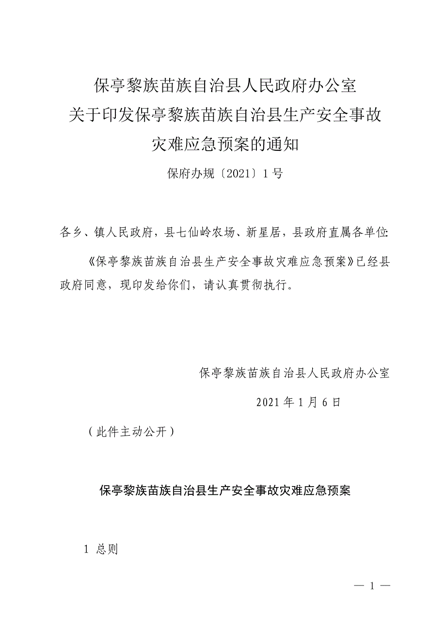 保亭黎族苗族自治县生产安全事故灾难应急预案.docx_第1页