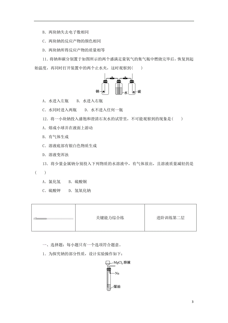 2023年版新教材高中化学第二章海水中的重要元素__钠和氯第一节钠及其化合物第1课时活泼的金属单质__钠课时作业新人教版必修第一册_第3页