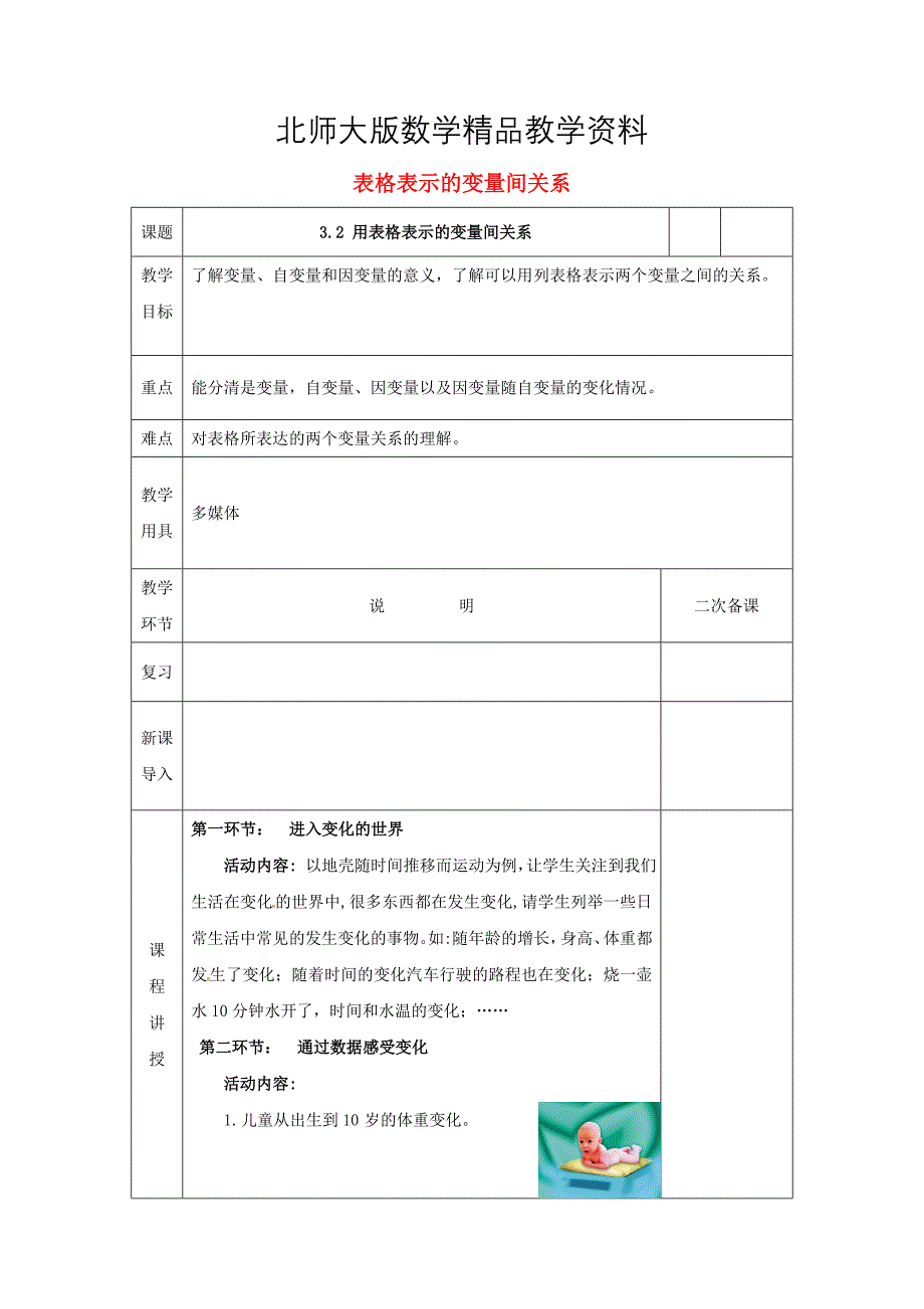 精品七年级数学下册第三章变量之间的关系3.2用表格表示的变量间的关系教案版北师大版193_第1页