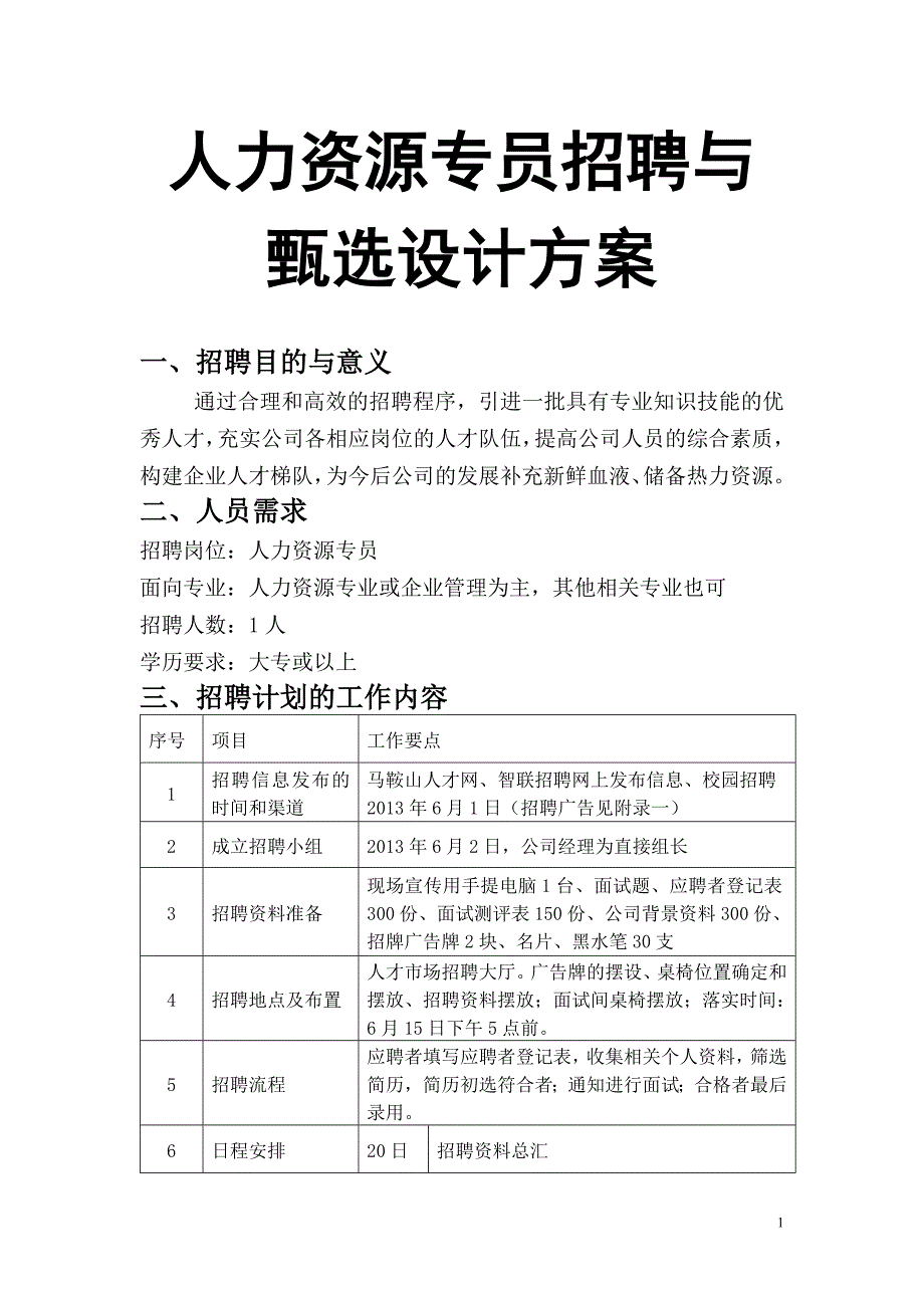 人力资源专员招聘与甄选设计方案.doc_第1页