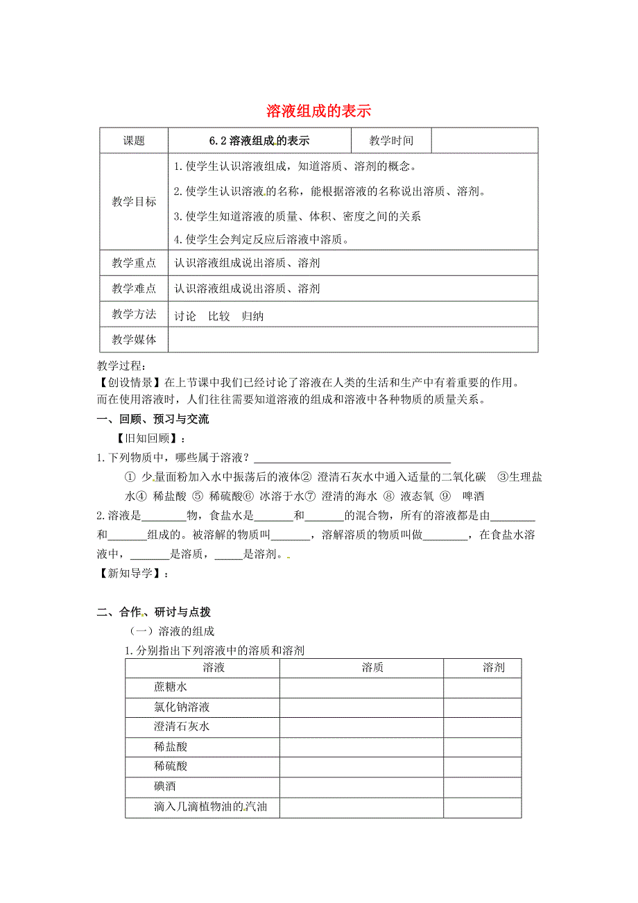 【最新】沪教版九年级化学：6.2溶液组成的表示第1课时教案_第1页