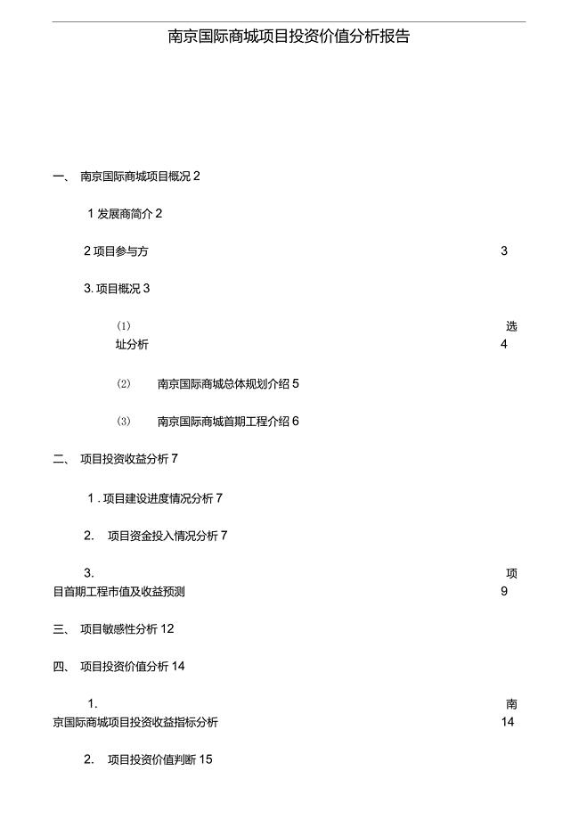 南京国际商城项目投资分析报告