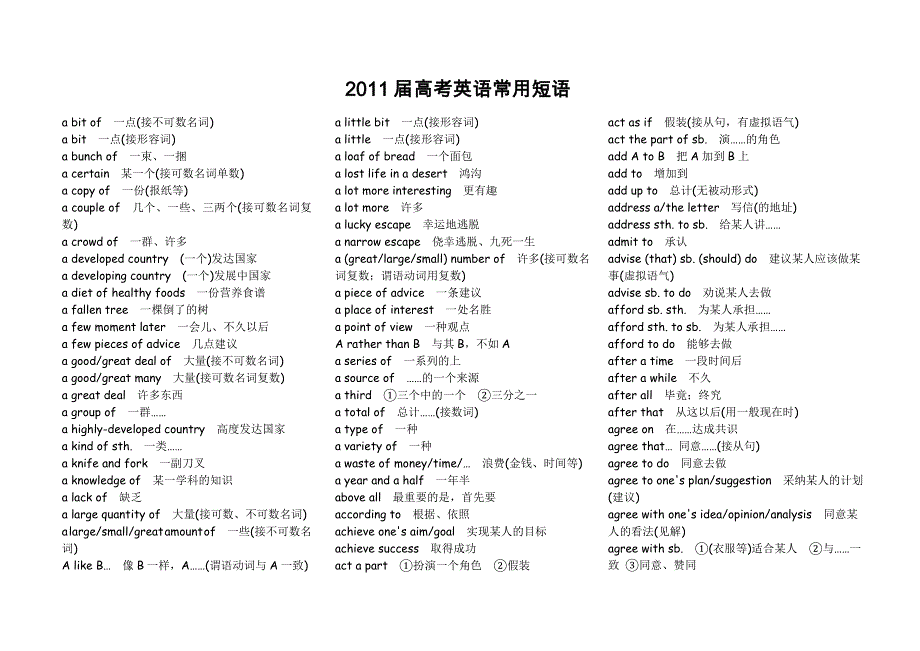 2011届高考英语常用短语大集合_第1页