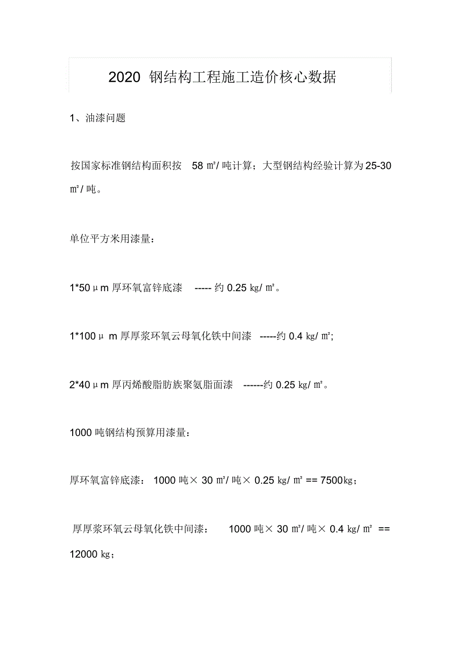 2020钢结构工程施工造价核心数据_第1页