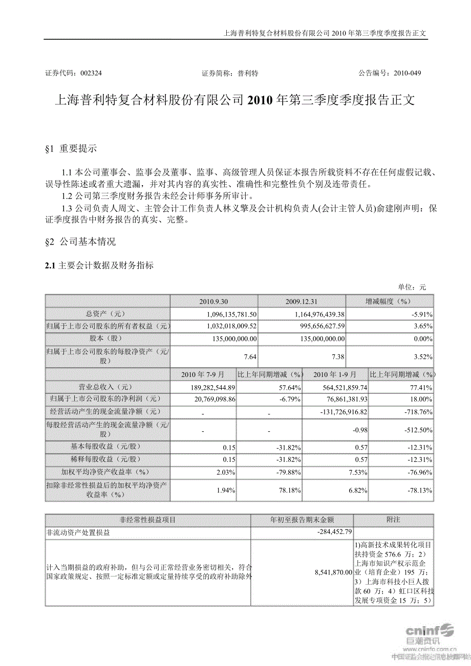 普利特第三季度报告正文_第1页