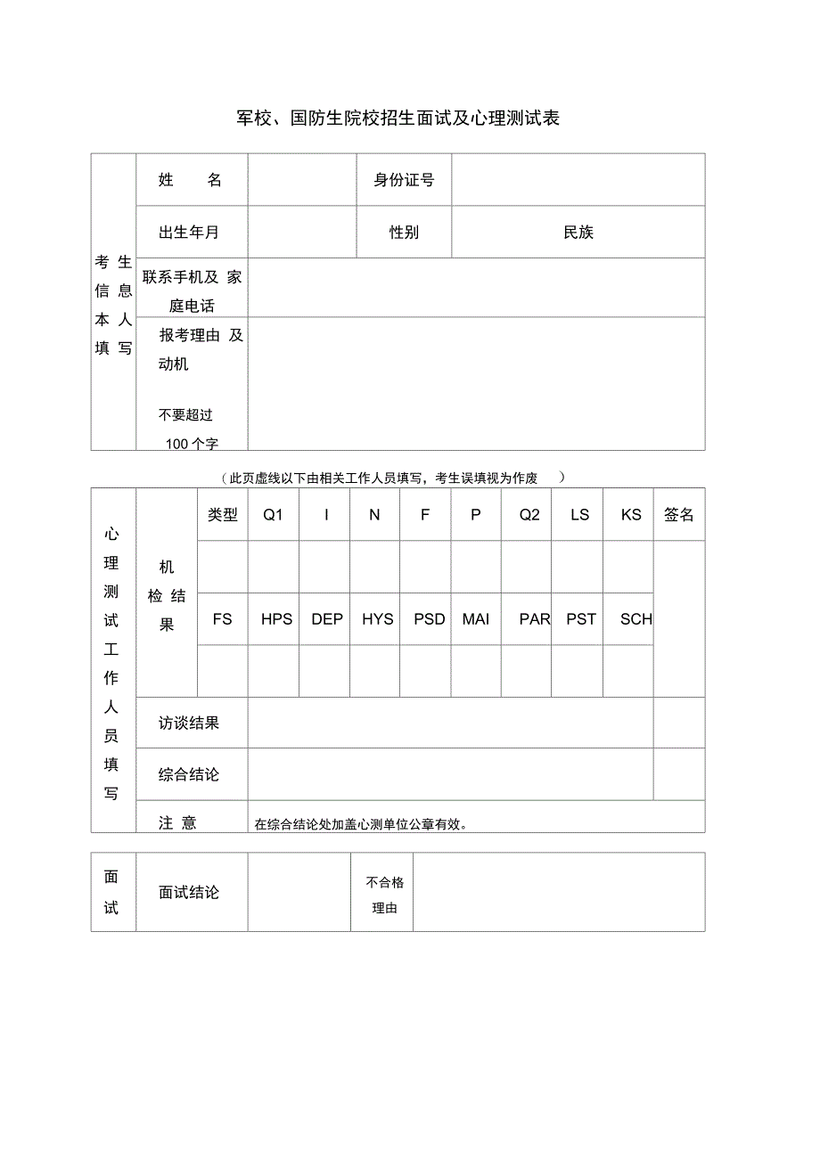 军校、国防生院校招生面试及心理测试表_第1页