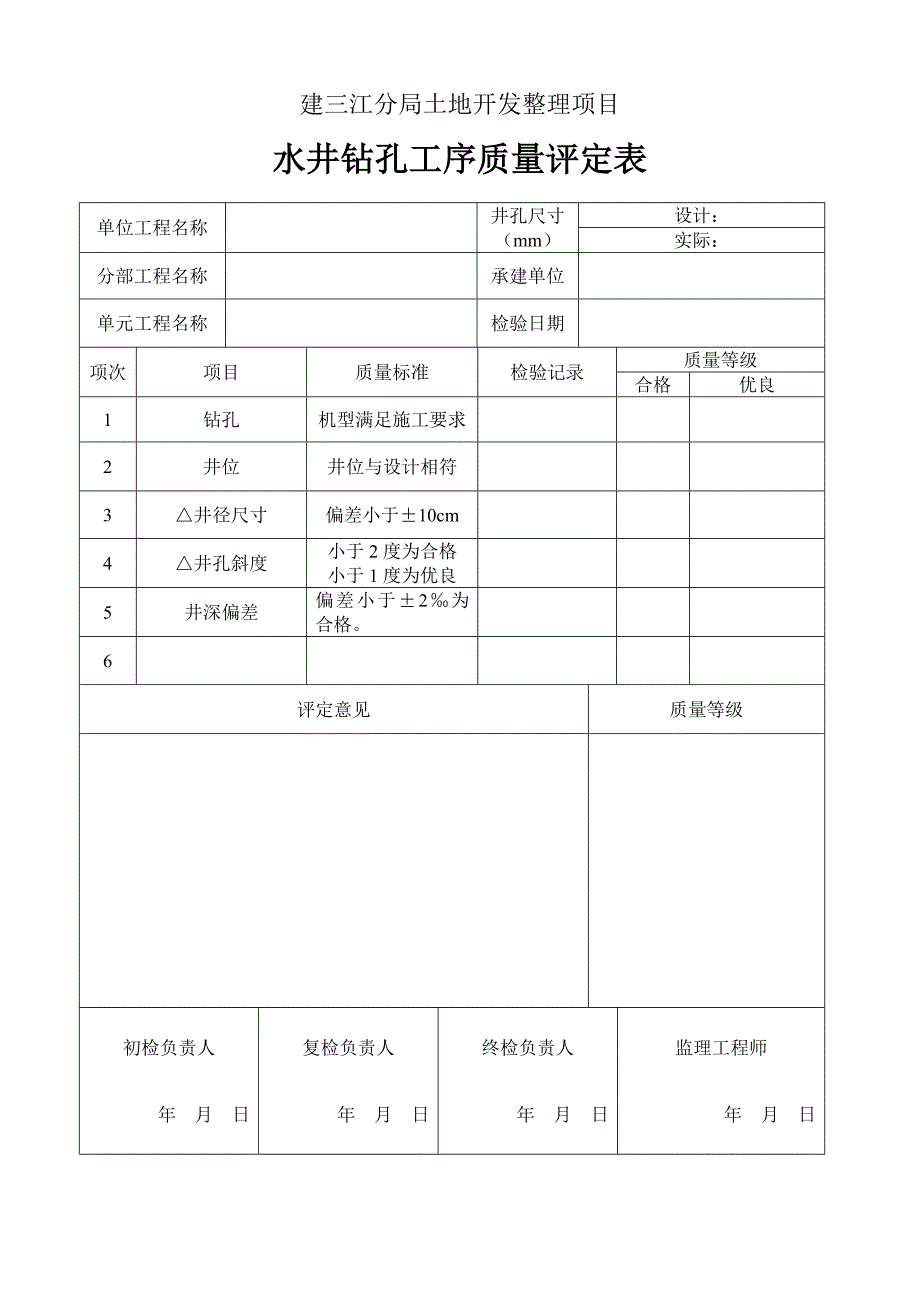 建三江分局土地开发整理项目水井单元工程质量评定表_第2页