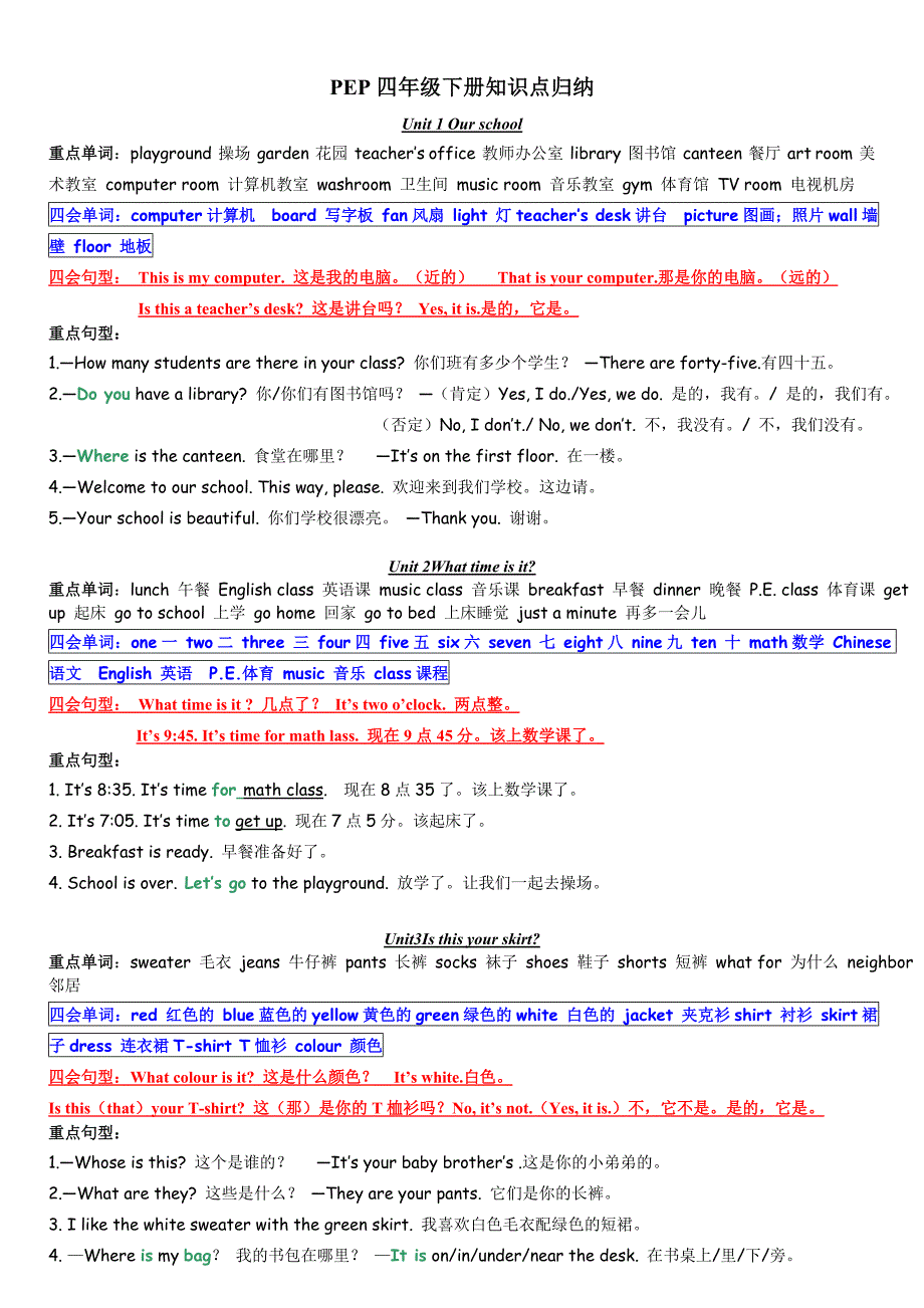 (完整word版)PEP小学英语四年级下册知识点归纳,推荐文档_第1页