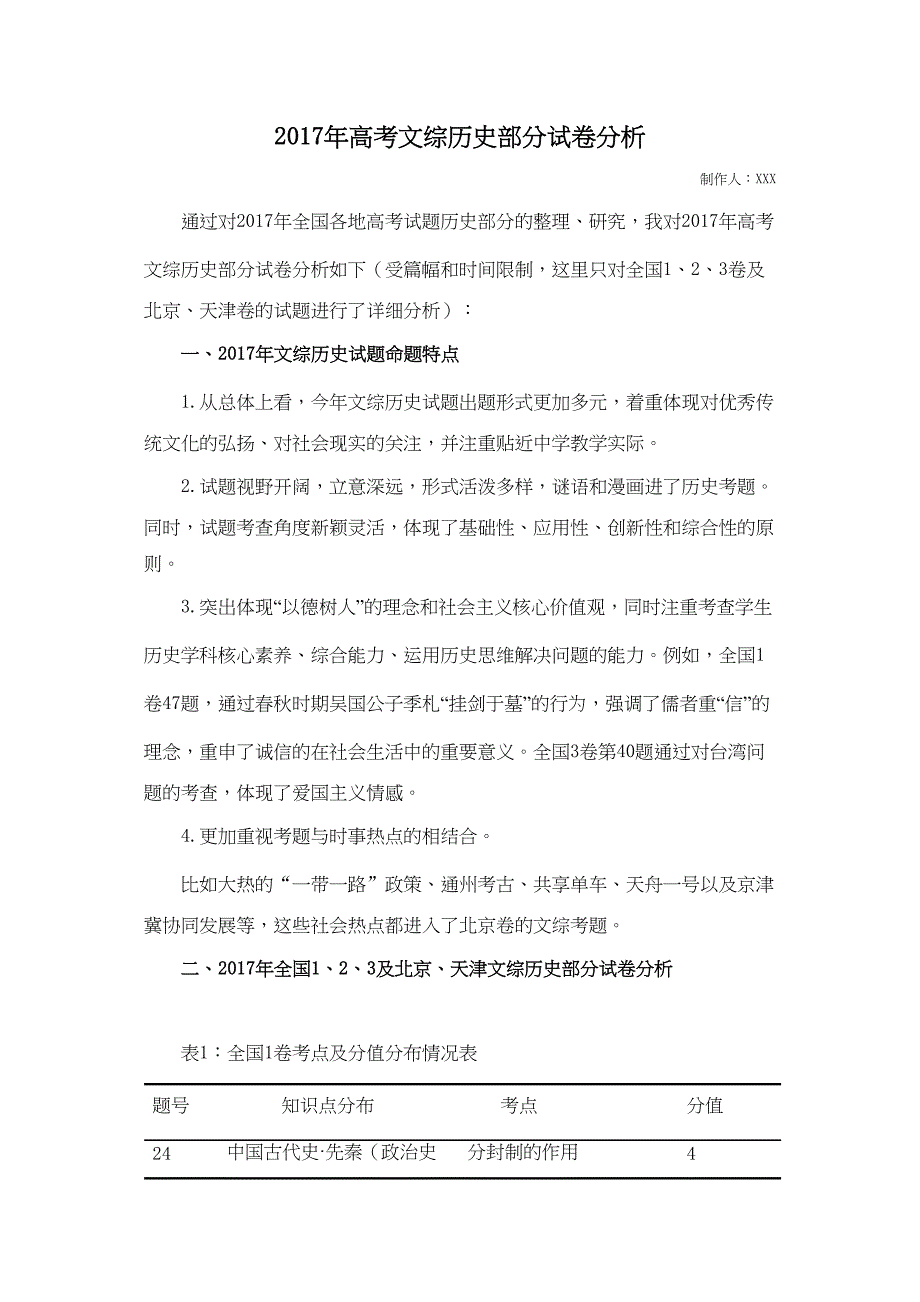 高考文综历史部分试卷分析_第1页