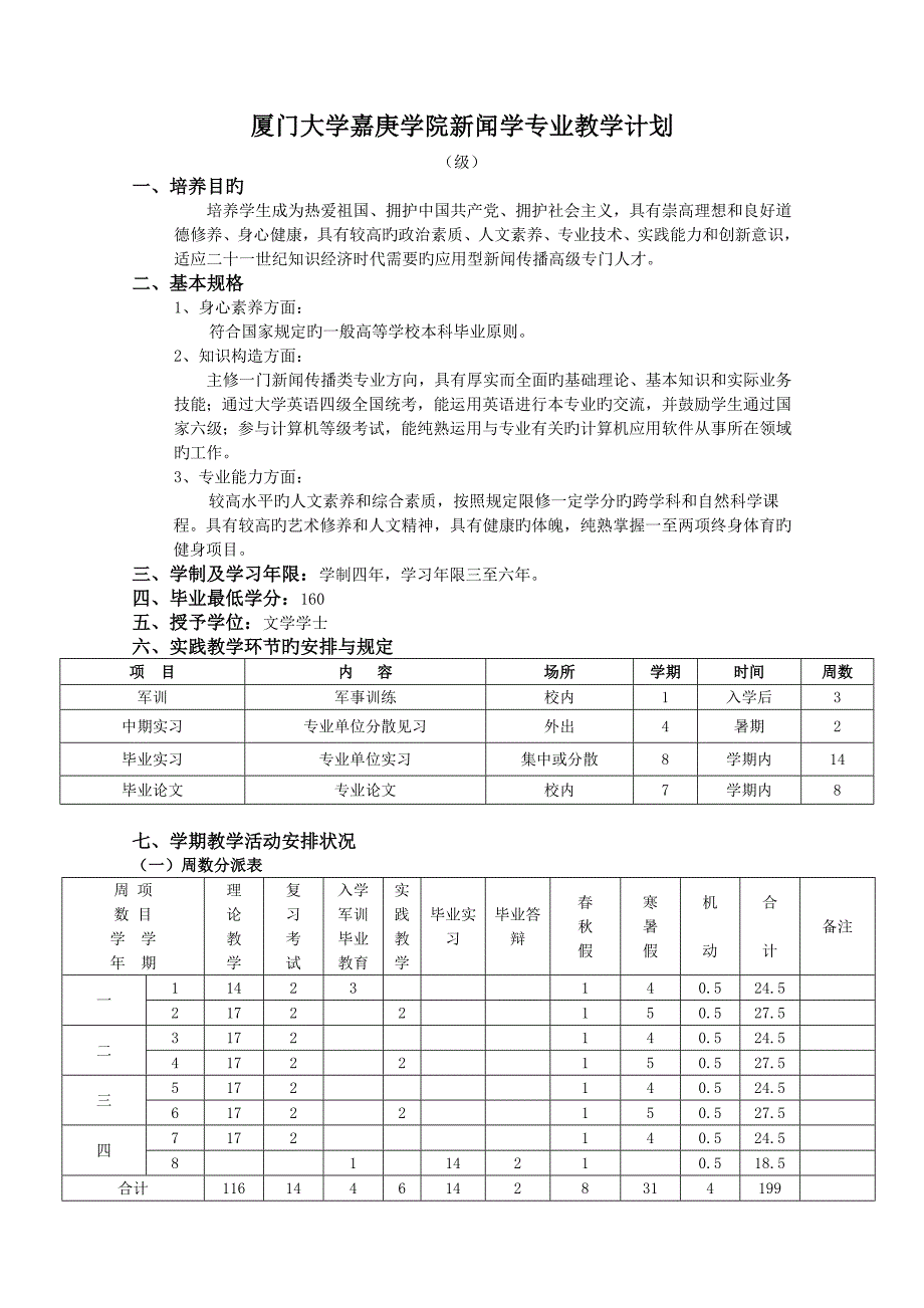 厦门大学嘉庚学院新闻学专业教学计划_第1页