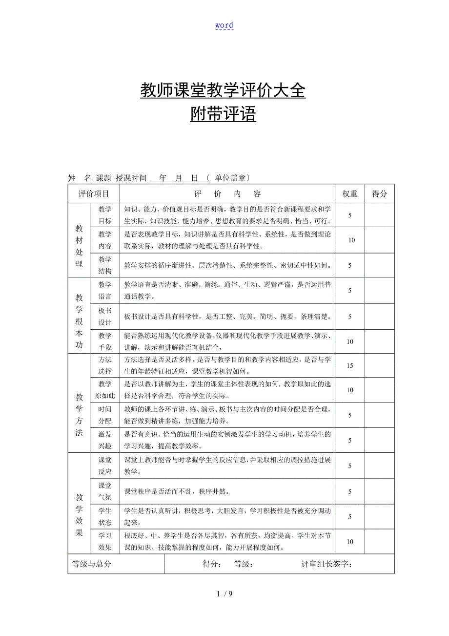 教师课堂教学评价与衡量大全附带评语_第1页