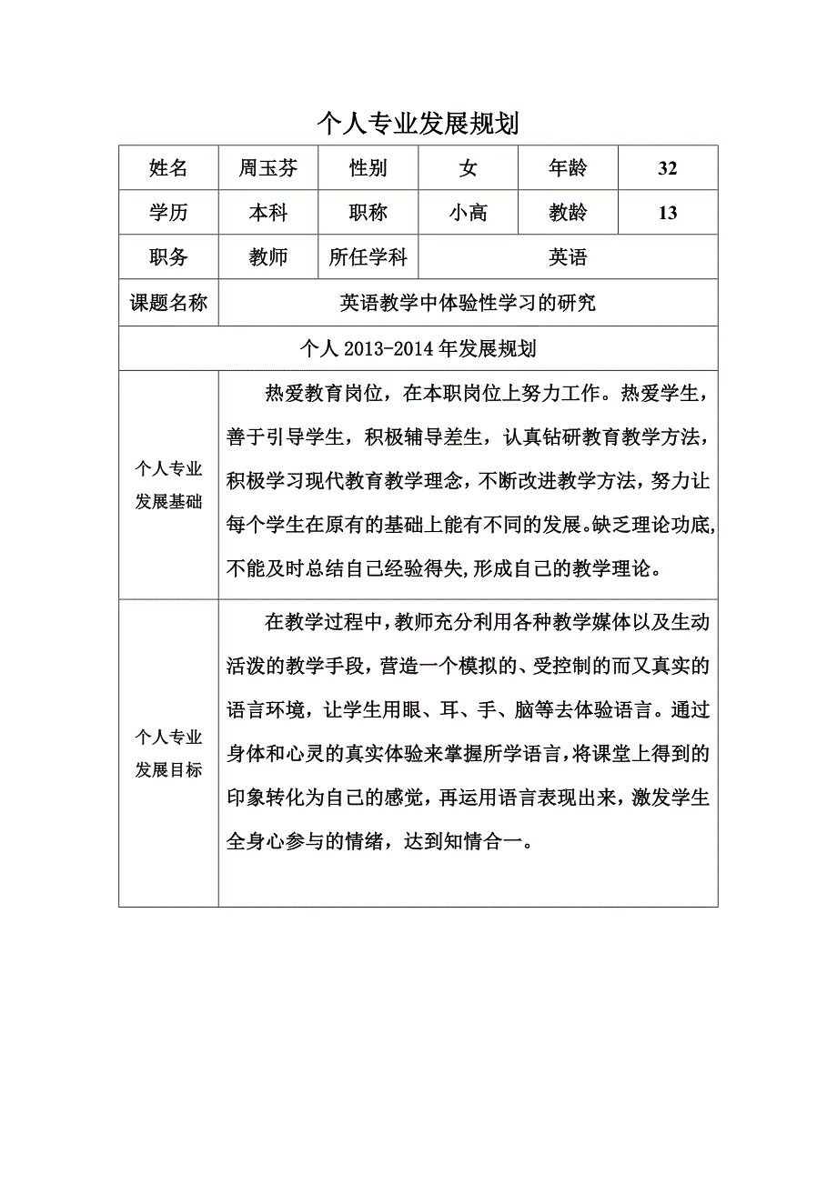 个人专业发展规划周玉芬.docx_第1页